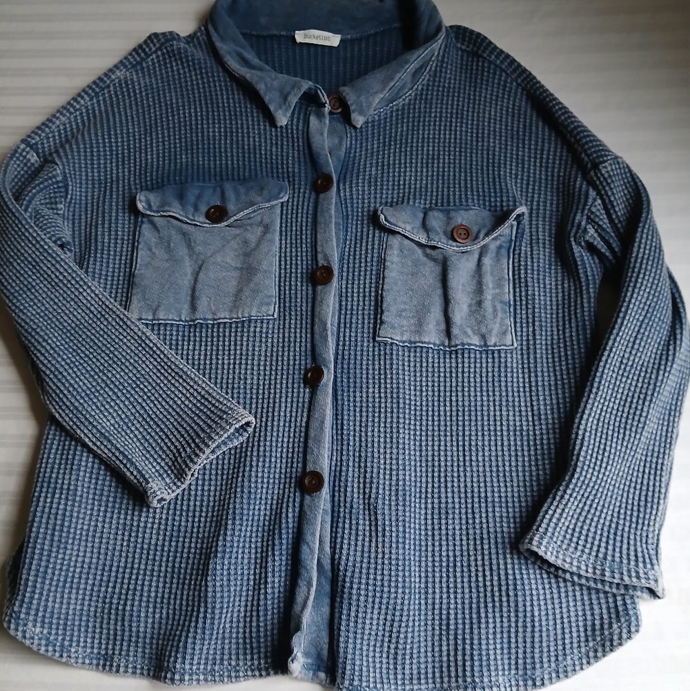 Bucketlist Shacket Sweater Large Blue Textured Waffle Knit Vintage Mineral Wash